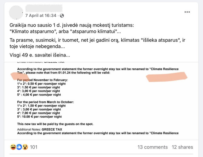 Ekrano nuotr. iš „Facebook“/Graikijoje besilankantiems turistams tikrai reikia mokėti didesnius mokesčius už nakvynę viešbučiuose ar trumpalaikės nuomos būstuose