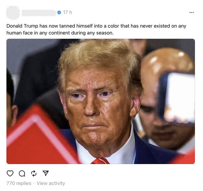 Ekrano nuotr. iš „Threads“/Ši Donaldo Trumpo nuotrauka sukėlė diskusijų apie jos autentiškumą, eksprezidento išvaizdą bei sveikatą audrą