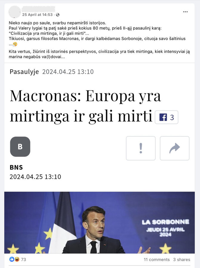 Ekrano nuotr. iš „Facebook“/Emmanuelis Macronas ir Paulis Valery kalbėjo apie mirtingumą, tik vienas - Europos, kitas - apie civilizacijų apskritai