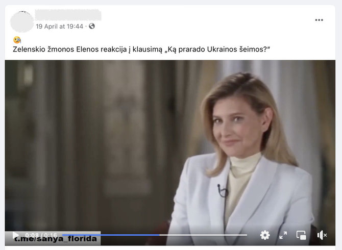 Ekrano nuotr. iš „Facebook“/Olena Zelenska tikrai buvo paklausta apie ukrainiečių praradimus per karą, tačiau atsakydama ji nesišypsojo, - interviu buvo permontuotas