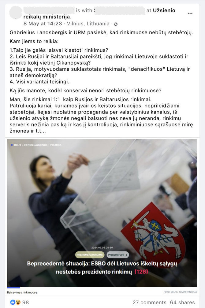 Ekrano nuotr. iš „Facebook“/Internete pasipylė klaidinančios Europos Saugumo ir Bendradarbiavimo Organizacijos (ESBO) stebėtojų nedalyvavimo prezidento rinkimuose interpretacijos