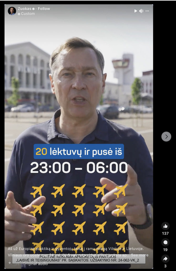 Ekrano nuotr. iš „Facebook“/Buvęs sostinės meras Artūras Zuokas norą uždrausti naktinius skrydžius iš ir į Vilniaus oro uostą pavertė agitacija Europos Parlamento rinkimuose 