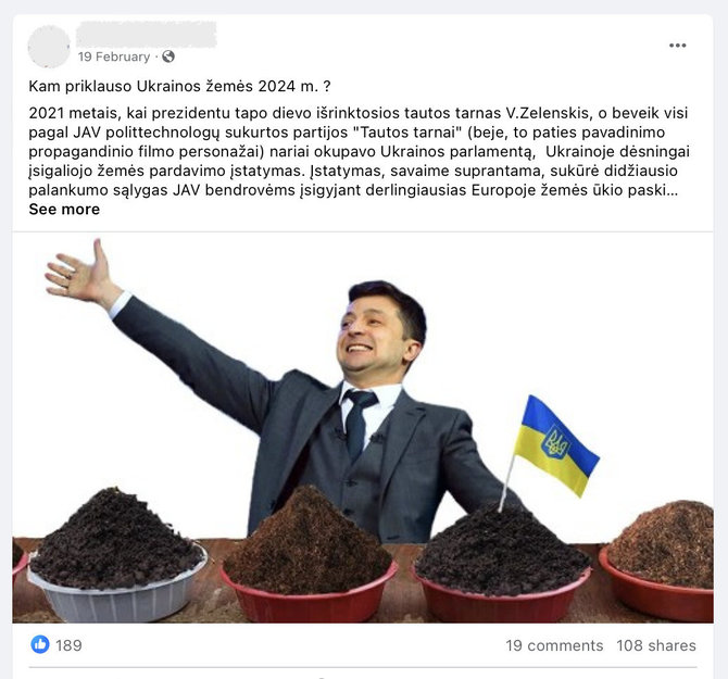 Ekrano nuotr. iš „Facebook“/f Netiesa, kad Volodymyras Zelenskis pardavė didelę dalį Ukrainos žemės kelioms užsienio kompanijoms