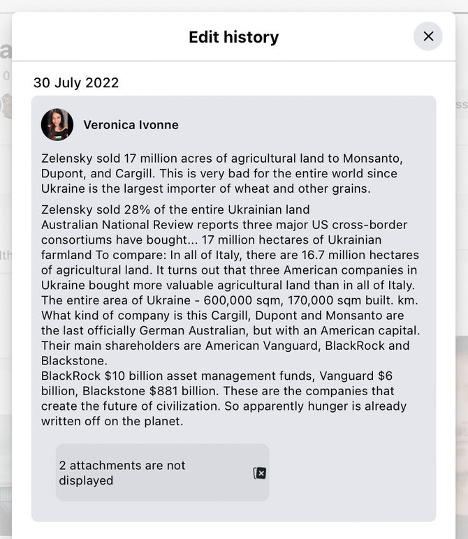 Ekrano nuotr. iš „Facebook“/Informacija, esą Volodymyras Zelenskis pardavė dalį Ukrainos žemės, buvo skelbiama jau prieš porą metų, vėliau šis įrašas buvo pašalintas