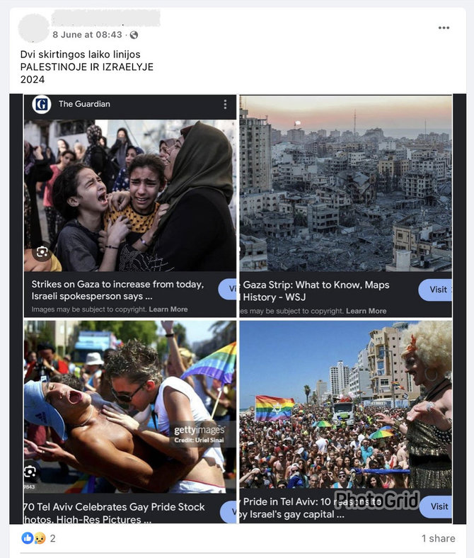 Ekrano nuotr. iš „Facebook“/„Facebook“ vartotoja susiejo dabartinį karą Gazos Ruože su LGBT+ eitynėmis praėjusiame dešimtmetyje ir dar anksčiau