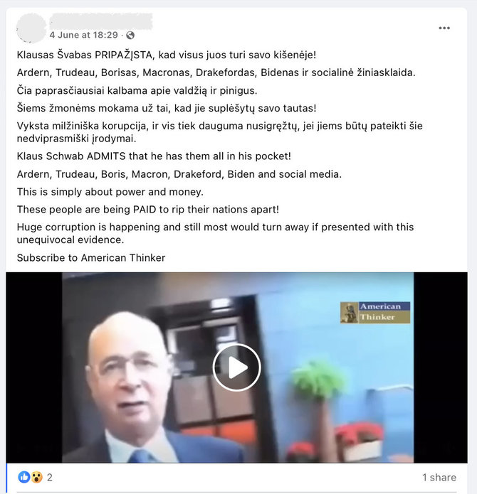 Ekrano nuotr. iš „Facebook“/Pasaulio ekonomikos forumo įkūrėjas Klausas Schwabas dar vienos melagienos herojumi tapo jo žodžius ištraukus iš konteksto