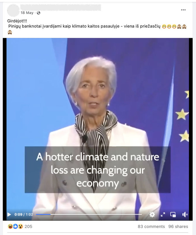 Ekrano nuotr. iš „Facebook“/Europos Centrinio Banko vadovės Christine Lagarde žodžiuose internautai išgirdo ne visai tai, ką ji sakė