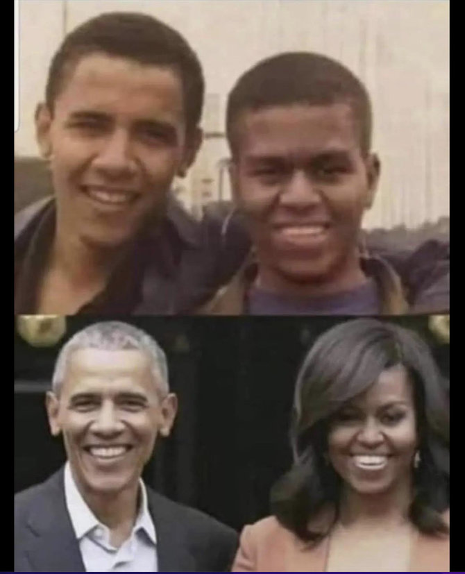 Ekrano nuotr. iš „Facebook“/Viršutinėje nuotraukoje jaunos Michelle Obamos atvaizdas buvo pakeistas taip, kad ji taptų panaši į vaikiną