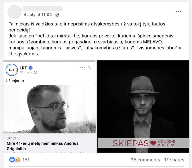 Ekrano nuotr. iš „Facebook“/Menininko mirtis su skiepais susieta be jokio pagrindo