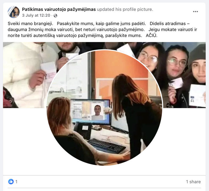 Ekrano nuotr. iš „Facebook“/Informacijos apie problemų dėl vairuotojo pažymėjimo sprendimą nepateikiama, dėl to siūloma susisiekti asmeniškai