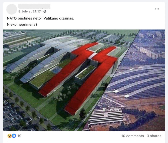 Ekrano nuotr. iš „Facebook“/Internautai NATO būstinės formoje įžiūrėjo santrumpą SS