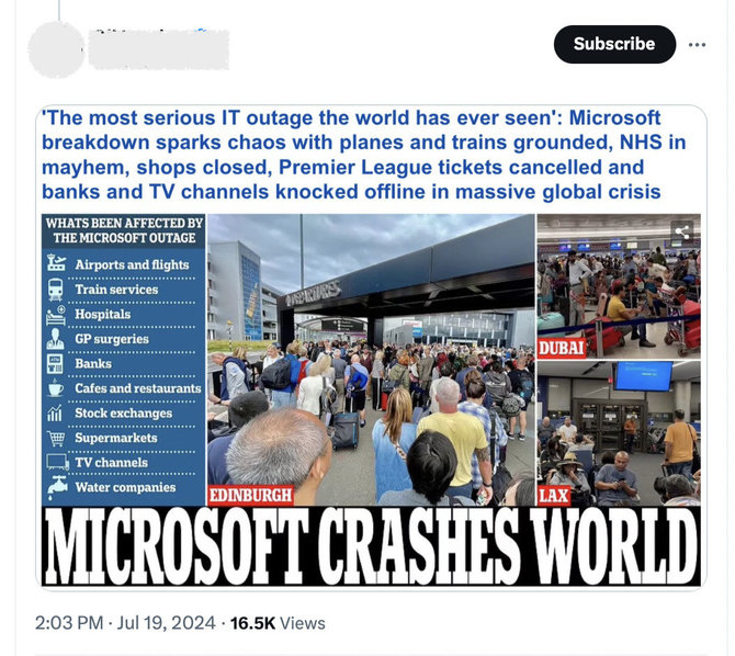 Ekrano nuotr. iš „X“/Dėl milijonų kompiuterių darbo sutrikimų buvo apkaltinta bendrovė „Microsoft“