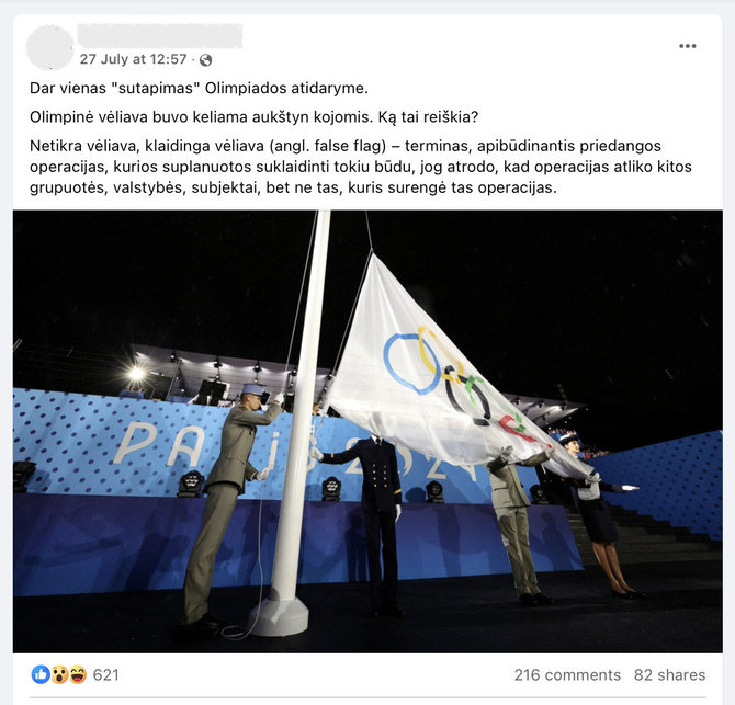 Ekrano nuotr. iš „Facebook“/Internete aiškinama, esą per Paryžiaus olimpiados atidarymą aukštyn kojomis iškelta olimpinė vėliava turėjo tam tikrą prasmę