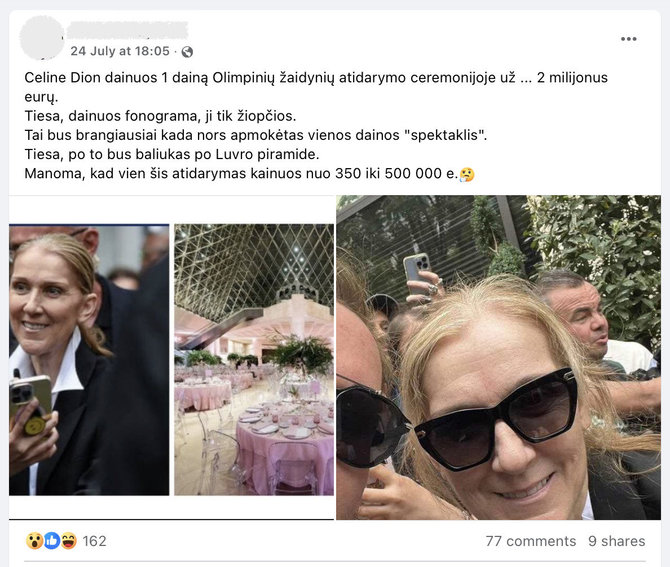 Ekrano nuotr. iš „Facebook“/Melas, kad Celine Dion už pasirodymą Paryžiaus olimpinių žaidynių atidarymo ceremonijoje gavo 2 mln. eurų honorarą