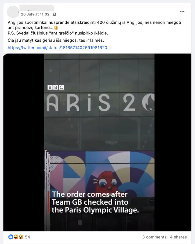 Ekrano nuotr. iš „Facebook“/Internautai patikėjo rusų propagandos paskleista žinute apie britų sportininkų tariamai užsisakytus čiužinius
