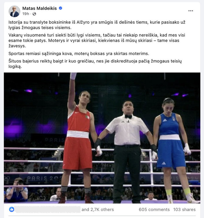 Ekrano nuotr. iš „Facebook“/Netikslią informaciją apie Alžyro sportininkę paskelbė ir Seimo narys Matas Maldeikis