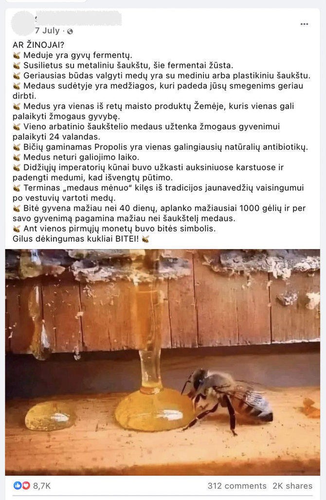 Ekrano nuotr. iš „Facebook“/Ne visa platinama informacija apie medų ir bites yra teisinga