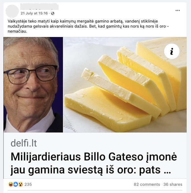 Ekrano nuotr. iš „Facebook“/Sviestas gaminamas ne iš oro ir tai daro ne Billo Gateso bendrovė