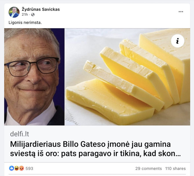 Ekrano nuotr. iš „Facebook“/Sviestas gaminamas ne iš oro ir tai daro ne Billo Gateso bendrovė