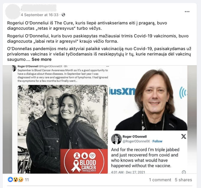 Ekrano nuotr. iš „Facebook“/Britų roko grupės „The Cure“ klavišininkui Rogeriui O'Donnelliui pranešus apie vėžį internautai priminė, kad jis skiepijosi nuo COVID-19 ir tai buvo susieta su liga