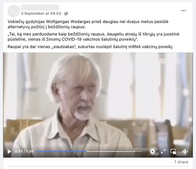 Ekrano nuotr. iš „Facebook“/Vokiečių medikas Wolfgangas Wodargas ne kartą yra skleidęs melagienas apie COVID-19, bet tiksliai taip, kaip aiškina internautai, skiepų nuo šios ligos ir b raupų nesusiejo