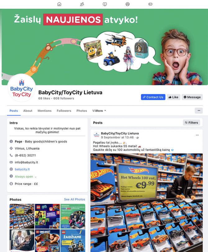 Ekrano nuotr. iš „Facebook“/Suklastota „BabyCity : ToyCity“ paskyra „Facebook“