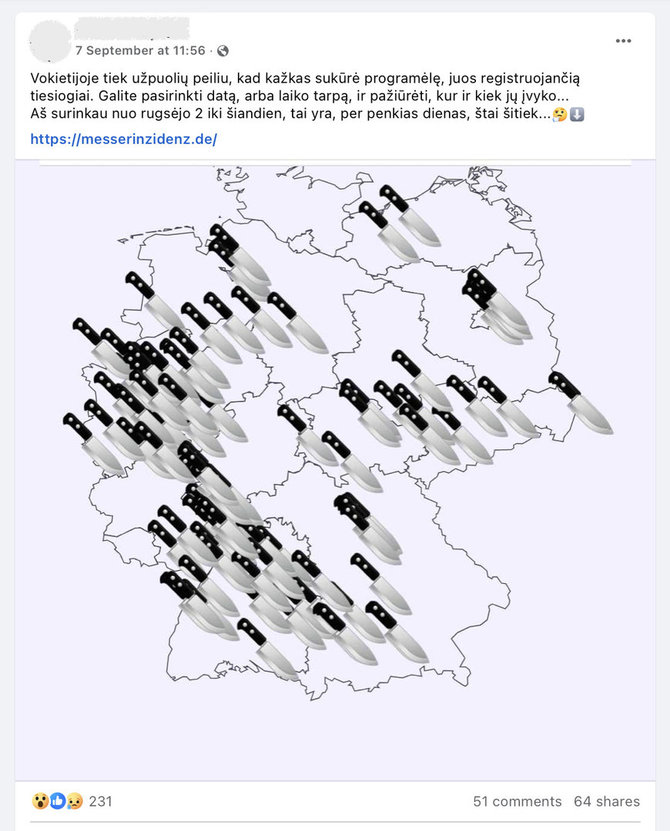 Ekrano nuotr. iš „Facebook“/Informacija apie išpuolius peiliu Vokietijoje registruojantį tinklalapį pasiekė ir Lietuvą