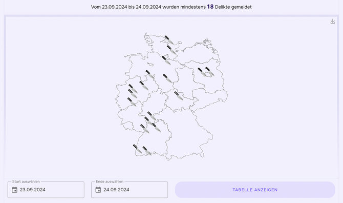 Ekrano nuotr. iš messerinzidenz.de/Informacija apie išpuolius peiliu Vokietijoje atnaujinama kasdien