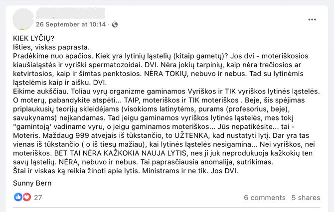 Ekrano nuotr. iš „Facebook“/Mokslininkai kalba apie kur kas daugiau lytinių tapatybių nei galima suskaičiuoti pagal tokį griežtą biologinį skirstymą