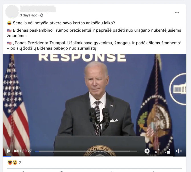 Ekrano nuotr. iš „Facebook“/Joe Bidenas paneigė melagienas apie atsaką į JAV rytų pakrantę nusiaubusius uraganus