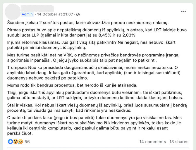 Ekrano nuotr. iš „Facebook“/Socialiniame tinkle „Facebook“ keliamos abejonės dėl Seimo rinkimų rezultatų