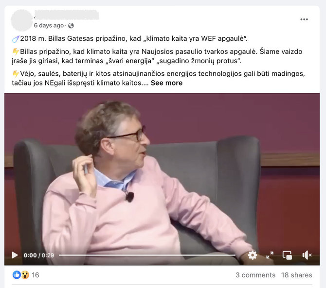 Ekrano nuotr. iš „YouTube“/Iš tiesų Billas Gatesas teigė esąs už atsinaujinančią energiją, bet atmetė idėją greitai išspręsti klimato kaitos problemą