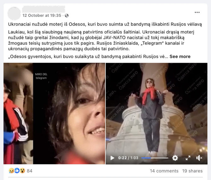 Ekrano nuotr. iš „Facebook“/Gandas apie Rusijos vėliavą Odesoje bandžiusios iškelti moters mirtį areštinėje atkeliavo ir iki Lietuvos