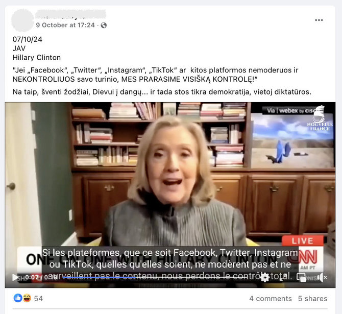 Ekrano nuotr. iš „Facebook“/Buvusi JAV pirmoji ponia Hillary Clinton kalbėjo ne apie socialinių tinklų kontrolę, o kad jie turėtų atidžiau prižiūrėti savo turinį