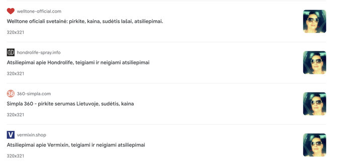 Ekrano nuotr. iš „Google“/Įvairius maisto papildus ir kūno priežiūros priemones reklamuoja tie patys greičiausiai fiktyvūs pirkėjai