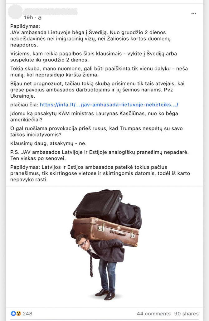 Ekrano nuotr. iš „Facebook“/Imigracinių vizų paslaugų perkėlimą iš JAV ambasados Vilniuje į Švediją internautai susiejo su sprendimu leisti Ukrainai naudoti Rusijoje ilgojo nuotolio raketas