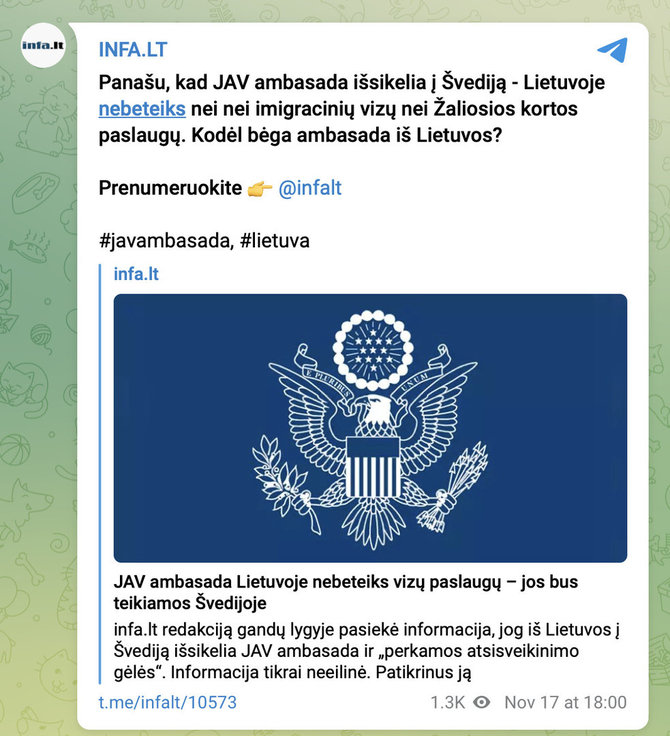 Ekrano nuotr. iš „Telegram“/Apie įprastų imigracinių vizų paslaugų perkėlimą iš JAV ambasados Vilniuje į Švediją buvo pranešta dar spalį ir su jokiais naujais Vašingtono sprendimais tai nesusiję