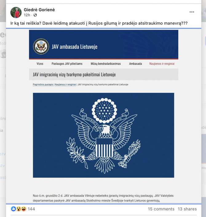 Ekrano nuotr. iš „Facebook“/Imigracinių vizų paslaugų perkėlimą iš JAV ambasados Vilniuje į Švediją internautai susiejo su sprendimu leisti Ukrainai naudoti Rusijoje ilgojo nuotolio raketas