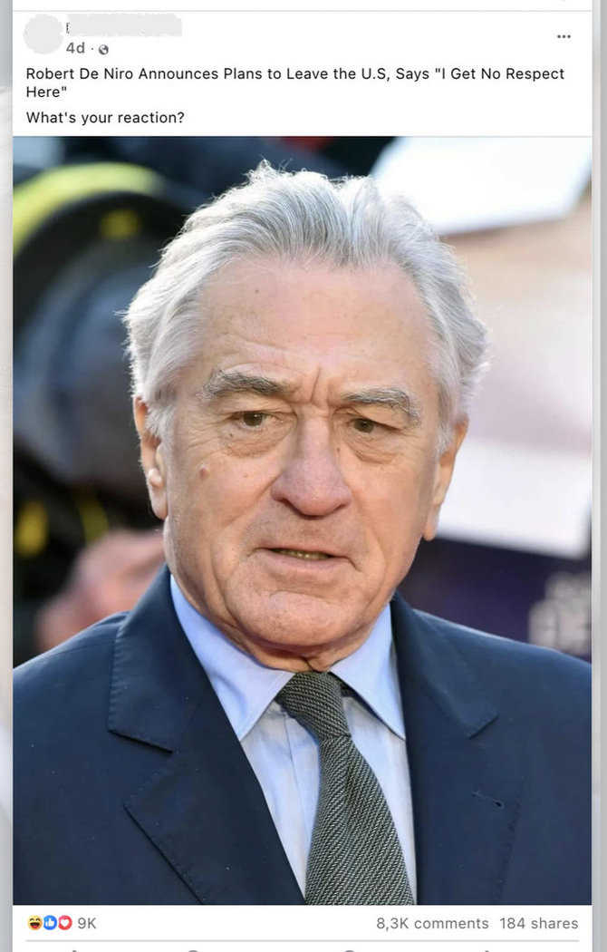 Ekrano nuotr. iš „Facebook“/Gandas apie tariamą Roberto De Niro emigraciją išplito po JAV prezidento rinkimų