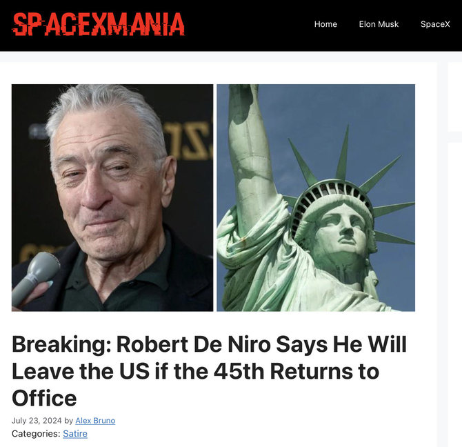 Ekrano nuotr. iš spacexmania.com/Straipsnis apie tariamą Roberto De Niro emigraciją pasirodė kaip satyra