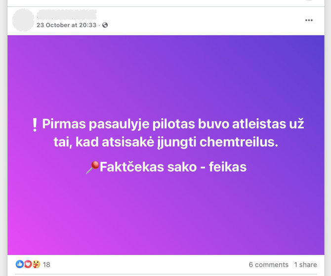 Žinią apie pilotą, tariamai atleistą dėl to, kad atsisakė purkšti „chemtreilus“, paskelbė satyrinis tinklalapis 