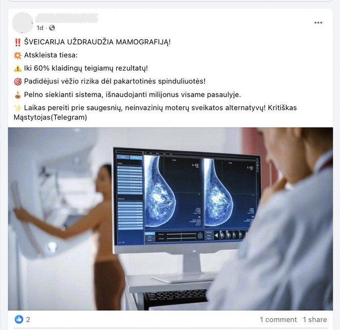 Ekrano nuotr. iš „Facebook“/Panašūs teiginiai internete platinami jau mažiausiai dešimtmetį, bet Šveicarija mamogramų iki šiol nedraudžia