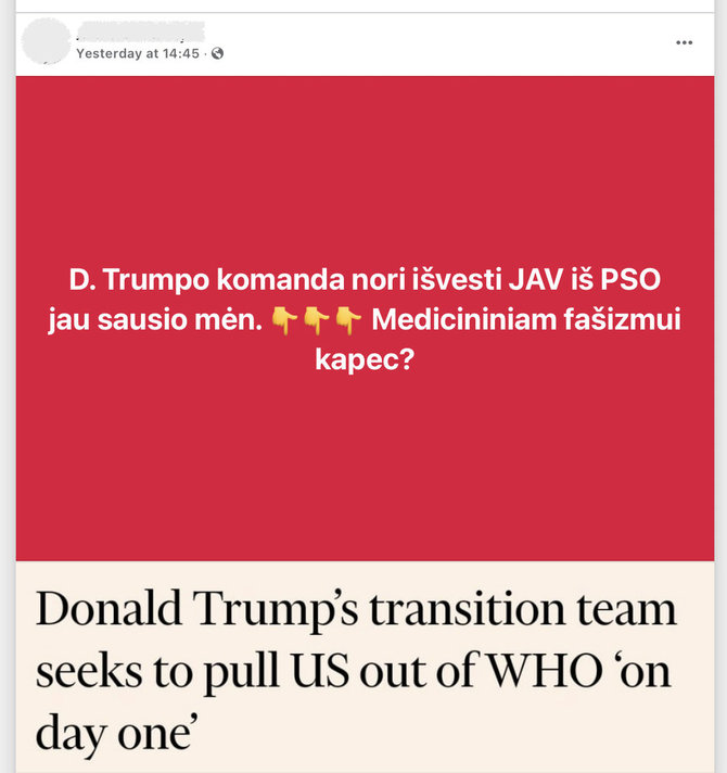 Ekrano nuotr. iš „Facebook“/Donaldas Trumpas vėl grasina, kad JAV išstos iš PSO, bet pirmą jo darbo dieną tai neįvyks