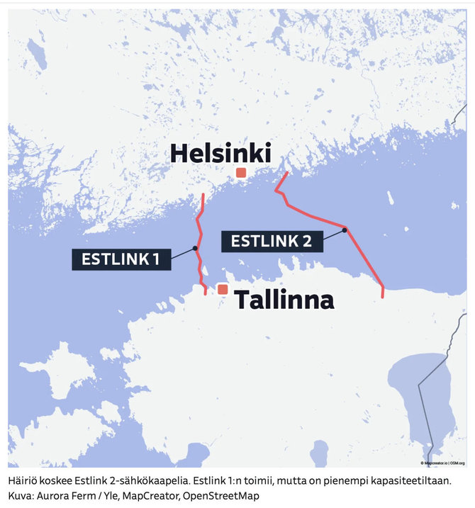 Ekrano nuotr. iš yle.fi/Nutrūko svarbi elektros jungtis tarp Estijos ir Suomijos, neatmetamas vandalizmas