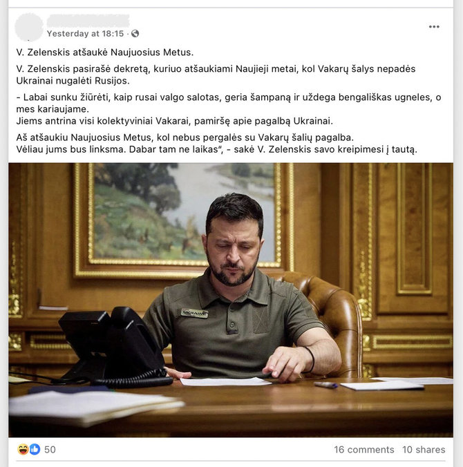 Ekrano nuotr. iš „Facebook“/Ukrainos prezidentas Volodymyras Zelenskis neatšaukė Naujųjų iki pergalės prieš Rusiją