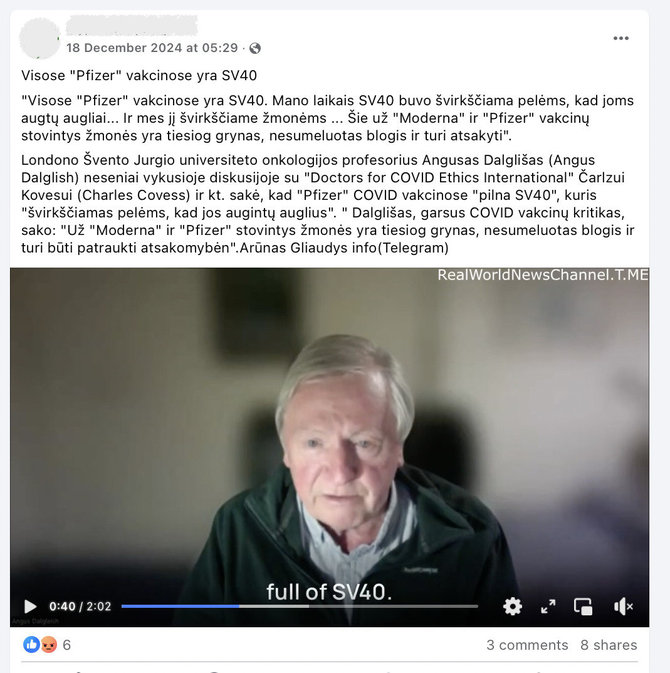 Ekrano nuotr. iš „Facebook“/Onkologas Angusas Dalgleishas jau anksčiau pagarsėjo kaip „COVID medžiotojas“