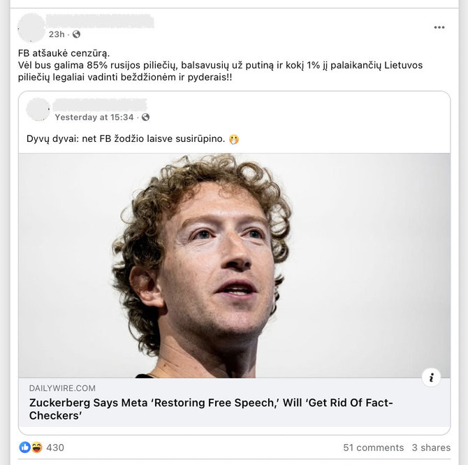 Ekrano nuotr. iš „Facebook“/Internete suskubta džiaugtis, neva „Facebook“ be faktų tikrinimo nebeliks cenzūros