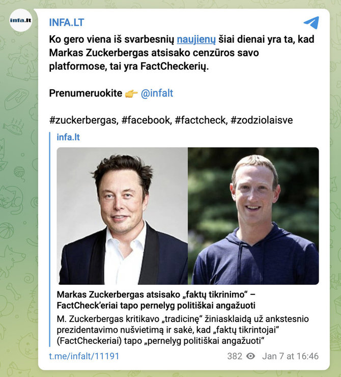 Ekrano nuotr. iš „Telegram“/Internete suskubta džiaugtis, neva „Facebook“ be faktų tikrinimo nebeliks cenzūros