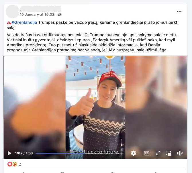 Ekrano nuotr. iš „Facebook“/Grenlandijos gyventojai su Donaldu Trumpu jaun. tikrai susitiko pasipuošę kepuraitėmis su jo tėvo šūkiu, bet už tai jiems buvo pažadėta vakarienė