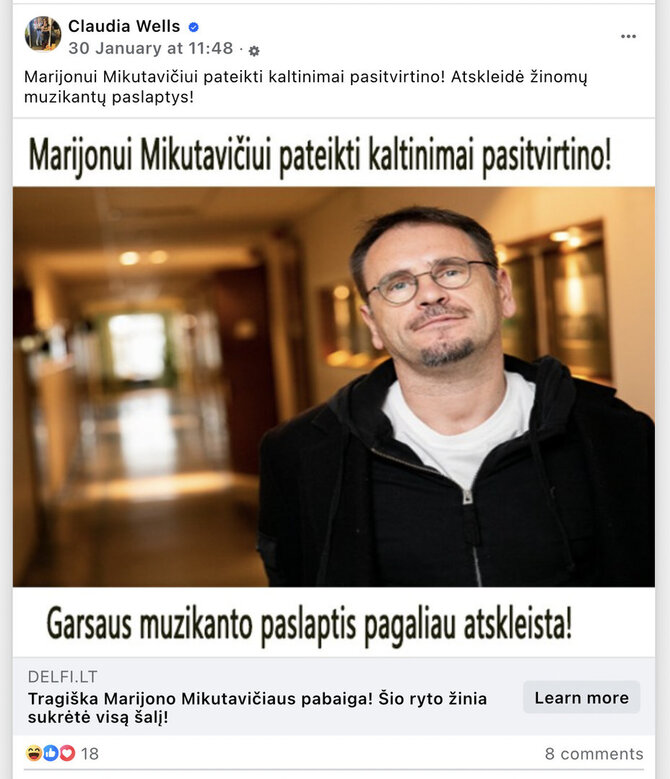 Ekrano nuotr. iš „Facebook“/Istorija apie Marijoną Mikutavičių tariamai pasidalijo amerikiečių aktorė, nors jos paskyroje „Facebook“ jokio panašaus įrašo nėra